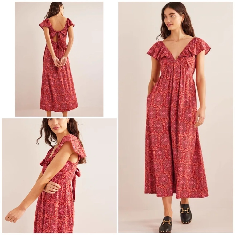EUC Boden Poinsettia Exotic Tile Floral Ruffle Tie Back Midi Dress​​​​